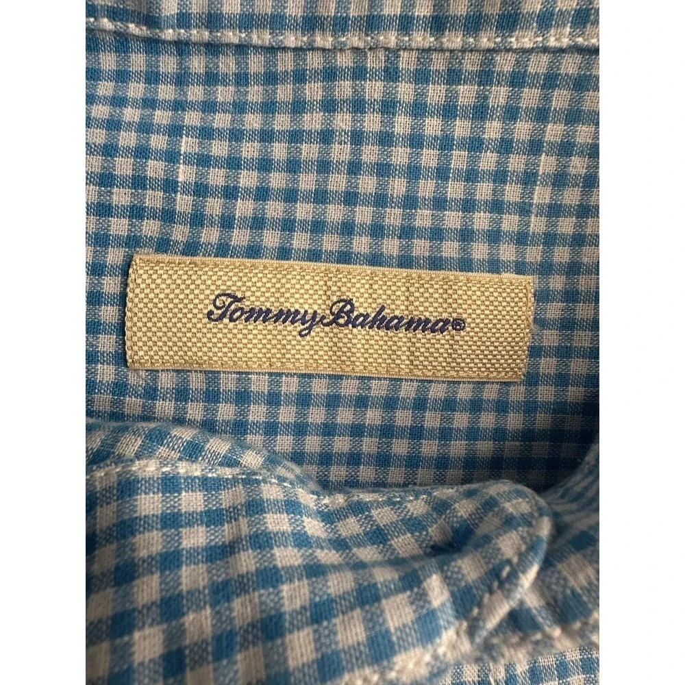 Tommy Bahama Shirt Mens Large Blue Gingham Linen Cotton Short Sleeve Button‎ Up